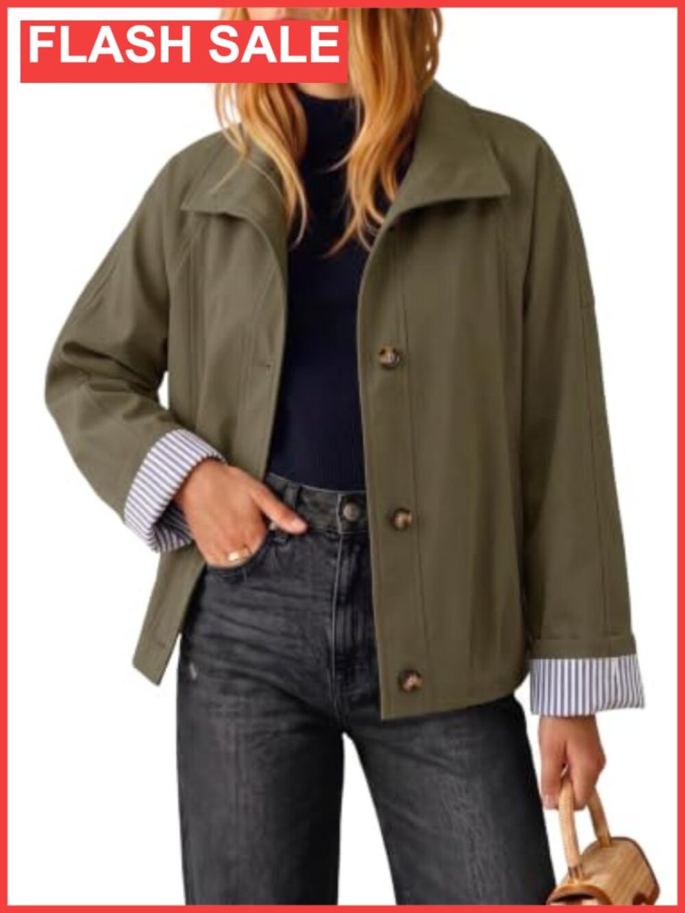 Dokotoo Cropped Trench Coat Relaxed Fit Striped Lining Women's Outerwear
